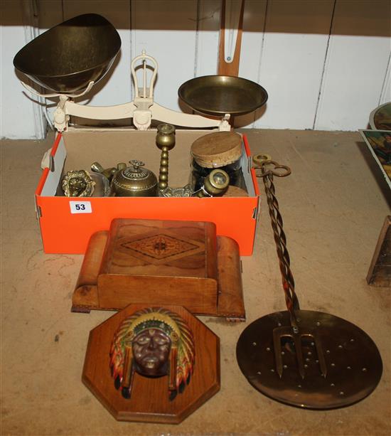 Brass & iron scales, box, weights & brassware